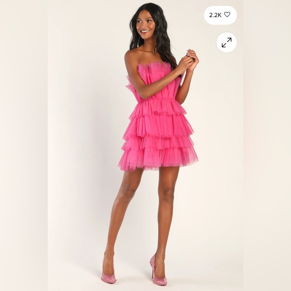 Lulus Tulle Intentions Hot Pink Strapless Tiered Tulle Mini Dress